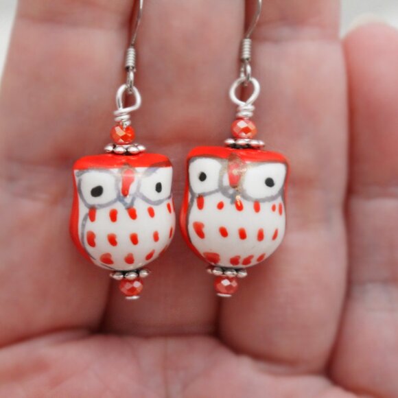 Red Hand Painted Porcelain Owl Beaded Earrings - Handmade & Hypoallergenic - Picture 7 of 8